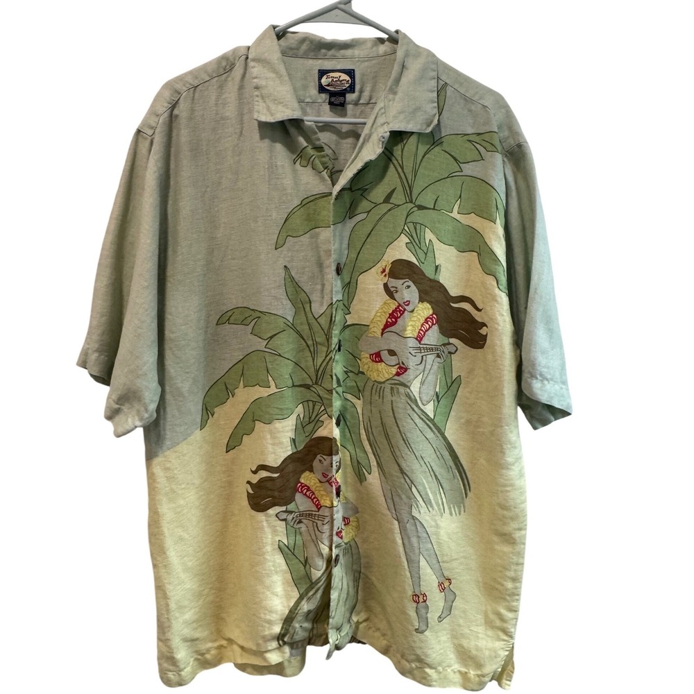 Tommy Bahama Camp Mens Medium Linen Hula Girl Palm Tree Hawaiian Shirt Sage